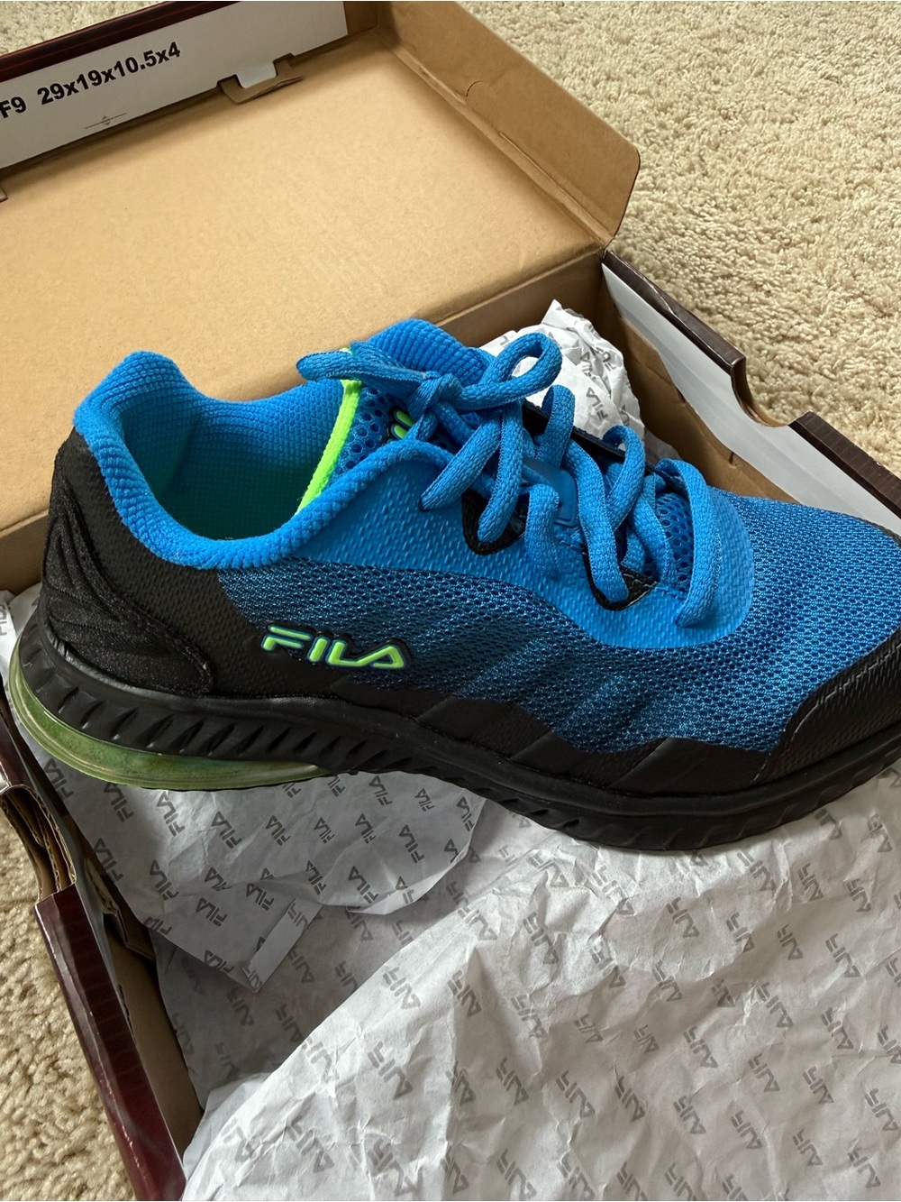 Boys Fila Tennis Shoes size 4 Blue Black Green NEW in Box